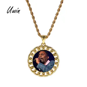 Colgante de imagen personalizado redondo de Hiphop, collar con colgante chapado en oro con colgante de foto