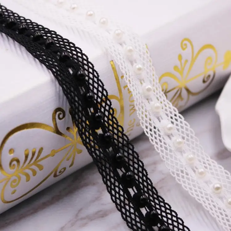 wholesale hand work pearl beaded elastic mesh lace trimming for jewelry accessory