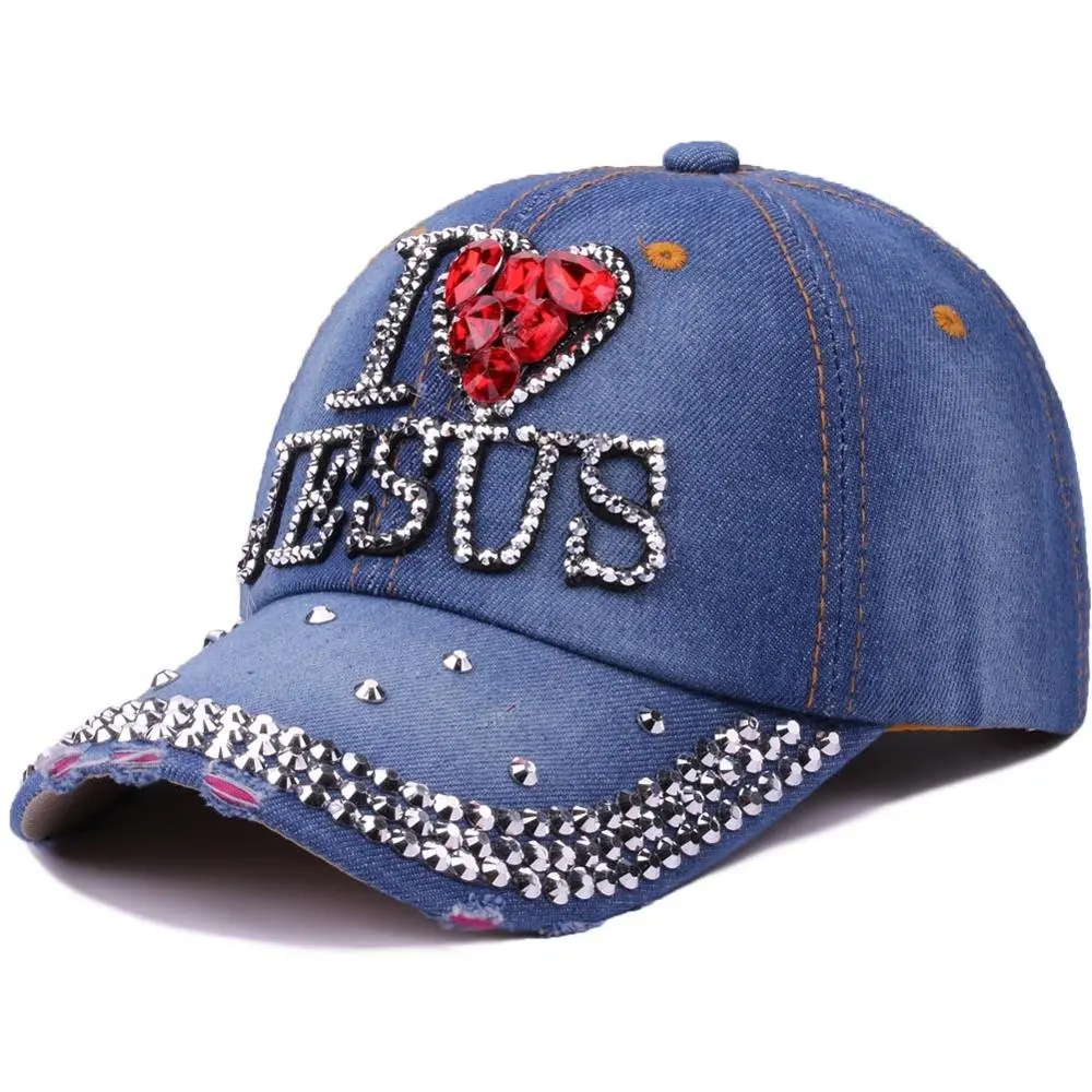 Custom Rhinestone I Love Jesus Summer Hats Women Ladies Baseball Cap