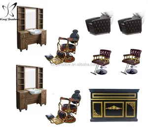 Equipo de barbería, estación de barbería, cama de champú, sillas de peluquería de madera y cuero de alta calidad, muebles de salón de peluquería