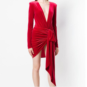 Otoño mujer nuevo <span class=keywords><strong>terciopelo</strong></span> rojo sólido Color v-cuello Sexy manga larga vaina vestido con un empate cintura YLDR215D - Product Image 4