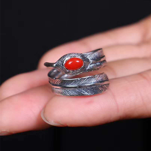 Tibetan Handmade <strong>Silver</strong> Natural Japanese Red Coral <strong>Ring</strong> for Women <strong>Feather</strong> Shape Design Your Own Championship <strong>Ring</strong> - Product Image 5