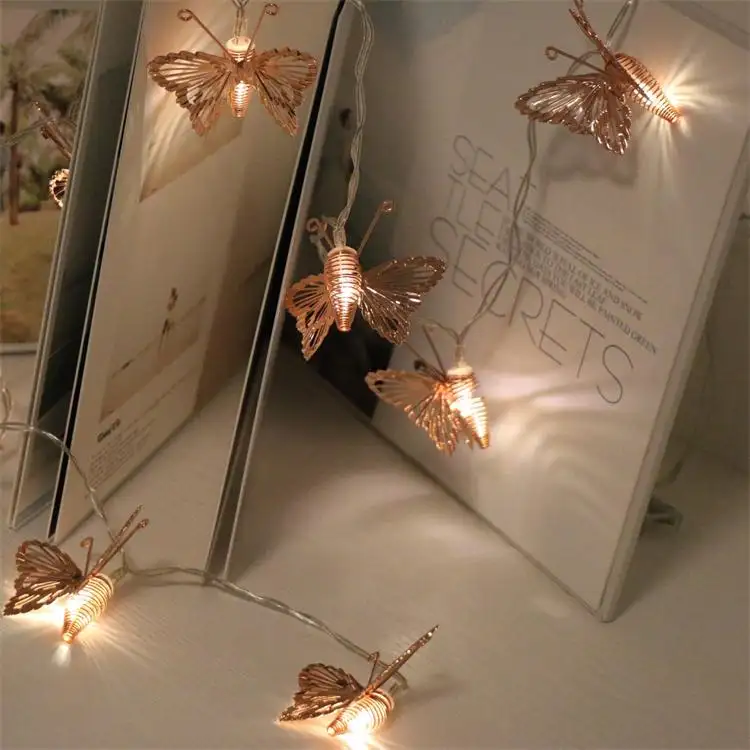 중국 공급 홈 침실 웨딩 파티 장식 로즈 골드 금속 나비 디자인 LED 문자열 조명