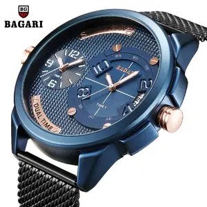 BAGARI 럭셔리 시계 남자 최고 브랜드 스틸 시계 메쉬 스트랩 방수 손목 시계 시계 더블 무브먼트 쿼츠 시계