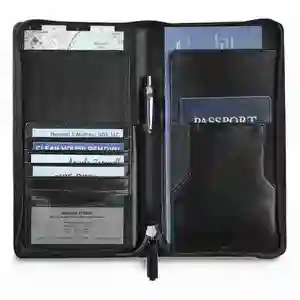 Customized black Imitated Leather zippered rfid travel wallet organizer