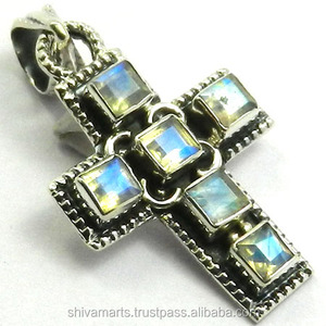 Colgante de Cruz de piedras preciosas de piedra lunar arcoíris Natural, colgantes y dijes de joyería fina de Plata de Ley 925 para regalo Cristiano - Product Image 2