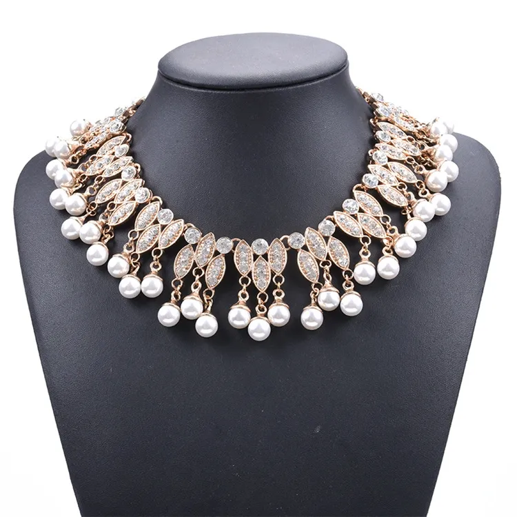 Vendita calda del Commercio All'ingrosso Placcato Oro di Cristallo Pietre Dettagliate Marquise Forma Comp Linked Big Dichiarazione Della Collana Del Choker con la Perla di Goccia Frangia