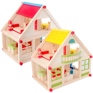 Casa de boneca de madeira com móveis, cenário de simulação, brinquedos educativos para crianças, venda imperdível