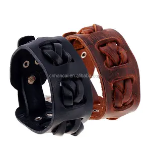 Retro Genuine Leather Bracelet Men Vintage Wide Twisted Braided Adjustable Wrap Women Bracelets Brown