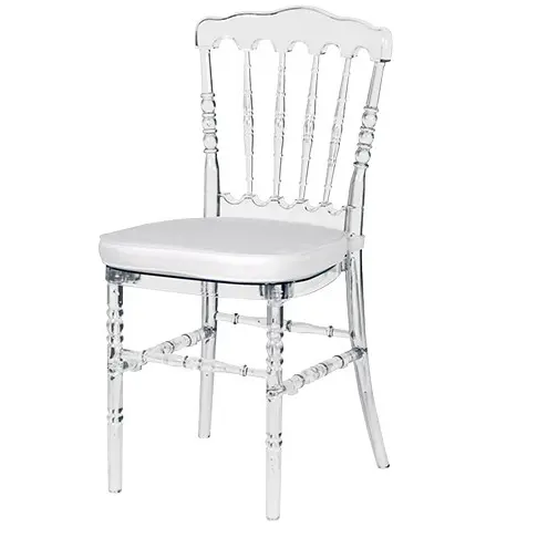 Silla apilable plexi, silla de Napoleón de resina acrílica plástica transparente blanca y plateada