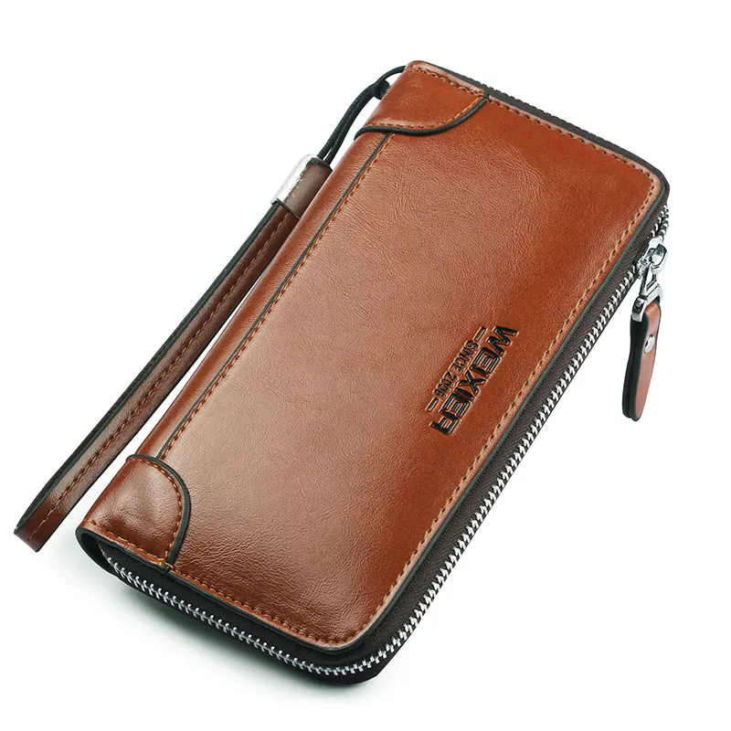 Factory custom long mens PU leather business clutch bag vintage zipper handbag wallet for men