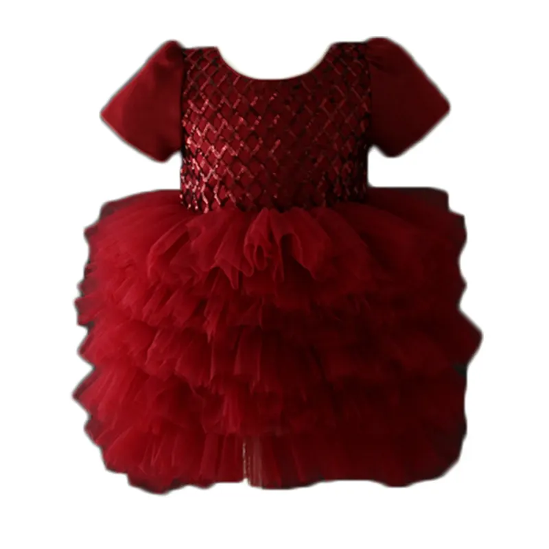 Di modo di disegno unico rosso manica corta 1 anno del bambino della ragazza festa di compleanno vestito dal tutu di usura