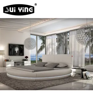 新设计意大利豪华卧室家具套装花式发光二极管点亮全尺寸床架大理石现代床带发光二极管灯