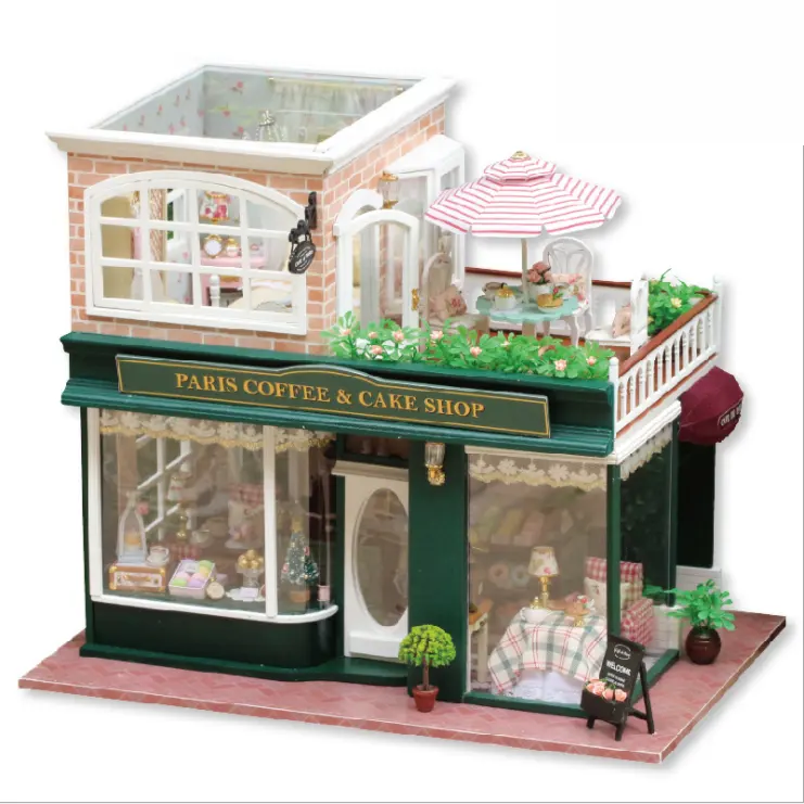 Casa de bonecas em miniatura, casa de bonecas diy casa de paris café & bolo loja presentes criativos