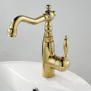 Robinet mélangeur de <span class=keywords><strong>lavabo</strong></span> antique <span class=keywords><strong>doré</strong></span> à long bec pour eau chaude et froide XR-GZ-8104K - Product Image 4