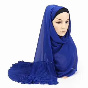 Elegant Pleated Patchwork Chiffon Muslim Hijab With Colored Pearl Crinkle Chiffon Shawl