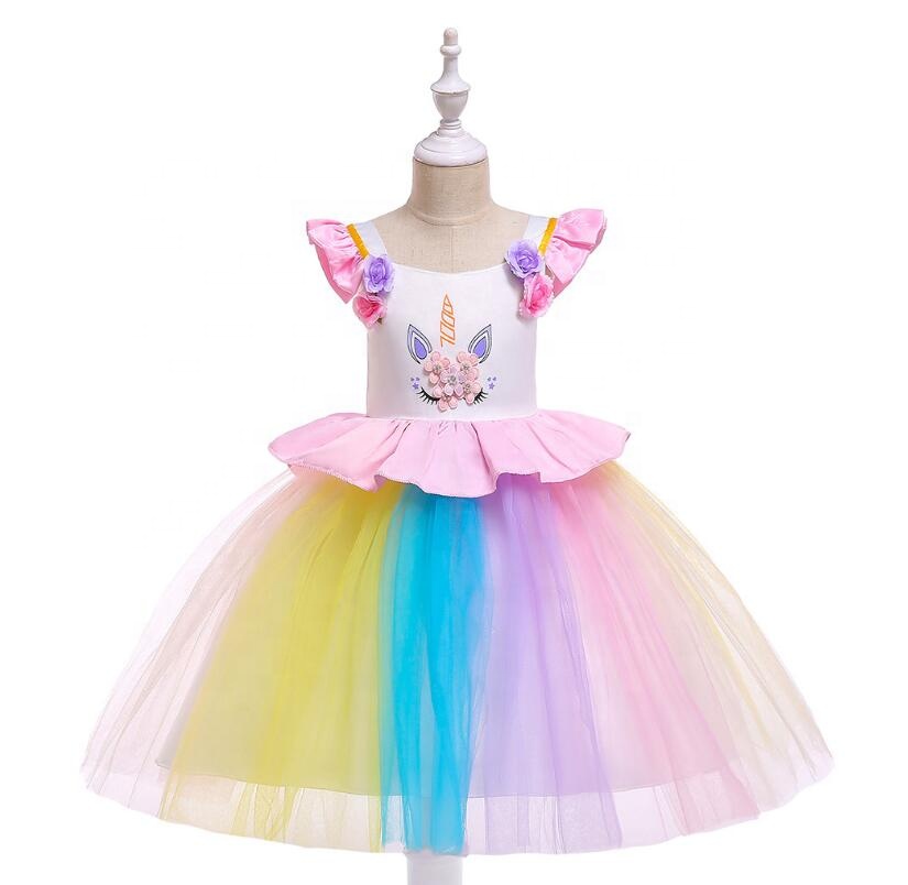 Baby Girl Unicorn Flower Princess Dress Birthday Party Princess Dress Stitching Colorful Net Yarn Princess Dress