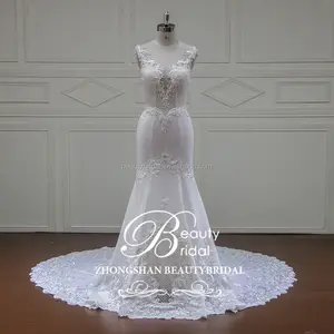 Illusion V-Cổ Và V-Back Elegant Mermaid Bridal Gown Trung Quốc Bán Buôn Không Tay Wedding Gown