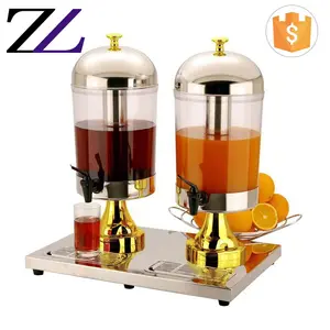 Commercial buffet catering supplies 2 double tank gold sunnex plastic cold refrigerated juice fruit beverage dispenser