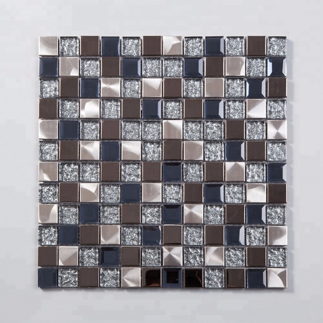 Soulscrafts Modern Square Glass Mixed Metal Blend Parquet Mosaic Tiles 25x25mm Blue Brown Glossy Graphic Design Interior Wall