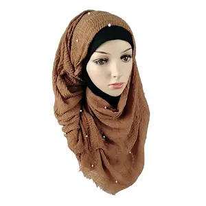 Newest Top Selling Middle East Style Crinkle Cotton Scarf Women rumpled Hijab with beads