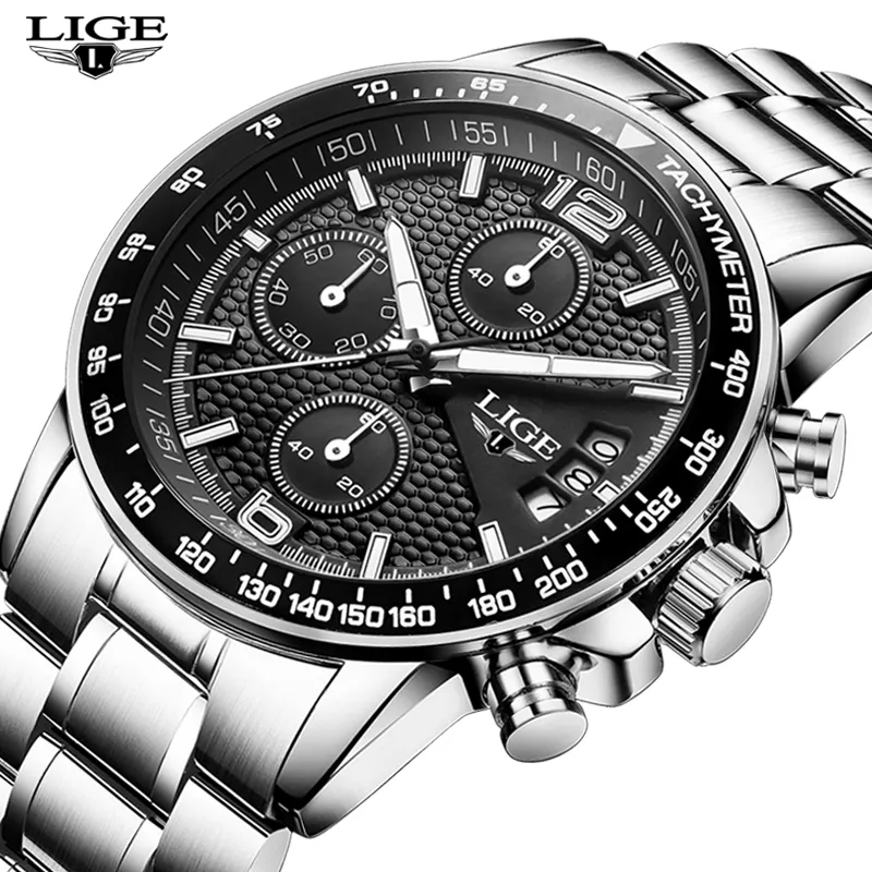 LIGE 0002 Fashion Novelty Mens Watches Top Brand Luxury Full Steel Business Mechanical Casual Waterproof Sport Watch