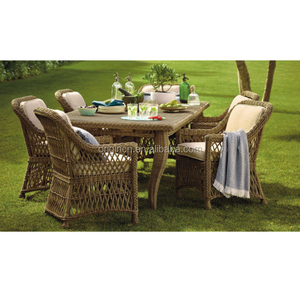 Unieke Retro Stijl Outdoor Banket Eethoek Set Ratan Rieten Diner Tafel Set 6 Stoelen