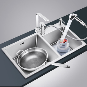 Sanitaires lavabo double bol en acier inoxydable à la main cuisine évier encastré - Product Image 3