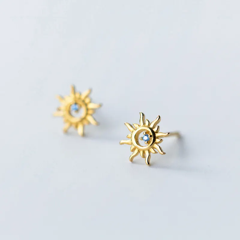 Korea Desain Baru S925 Perak Murni Mode Sederhana Kristal Biru Anak Emas Giwang Perhiasan untuk Wanita