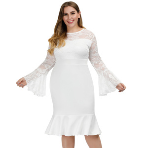 Abito Sexy a Sirena con Maniche Lunghe a Campana, Collo Tondo e Inserti in Pizzo, Taglie Forti per Donne - Product Image 2