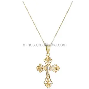 14K Vàng Vàng Filigree Cross Mặt Dây Chuyền Vòng Cổ Mặt Dây Chuyền Chìa Khóa Cho Phụ Nữ