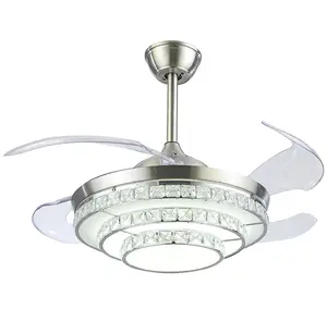 Серебристый Хрустальный Невидимый потолочный светильник 42 дюйма с пультом дистанционного управления, светодиодная люстра с 3 изменениями цвета, лампа-вентилятор