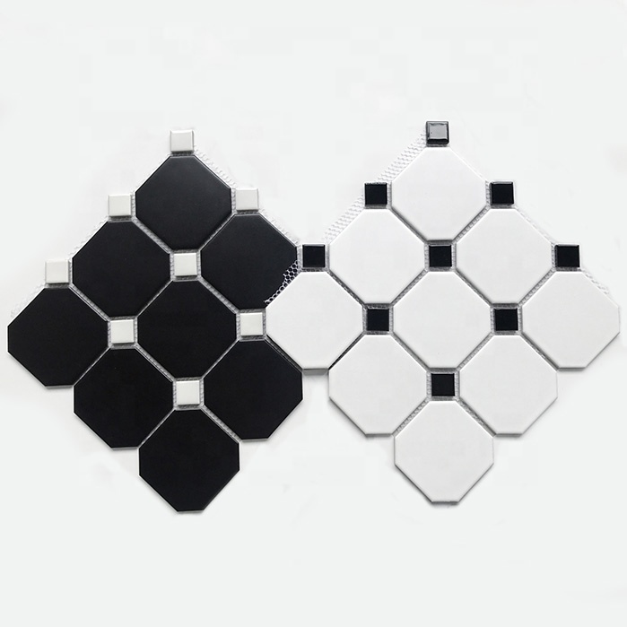 Carrelage rétro de cuisine en mosaïque d'octogone blanc et noir, décor de salle de bains en céramique noir et mur de carrelage, porcelaine