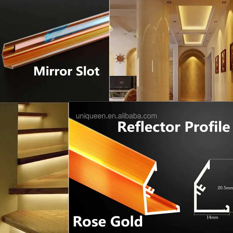 Encaixe refletor de espelho para led, boa qualidade, barra de aço barra de ângulo, perfil de alumínio, ouro rosa, espelhado