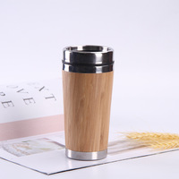 Botol Minum Kopi Bambu Tumbler Mug Stainless Steel dengan Tutup 450ml untuk Kembali ke Sekolah
