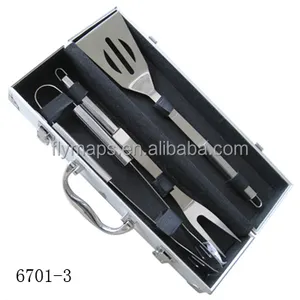 铝制手提箱3 pcs套装不锈钢烧烤工具，带刮刀叉钳