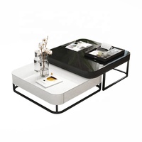 Table basse en verre trempé noir moderne combinée à une table basse en bois peint blanc