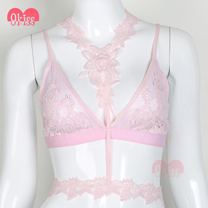 Buena Calidad Rosa de Encaje Bustier Correa Elástica Halter de Encaje Bralette Bra Set - Product Image 6