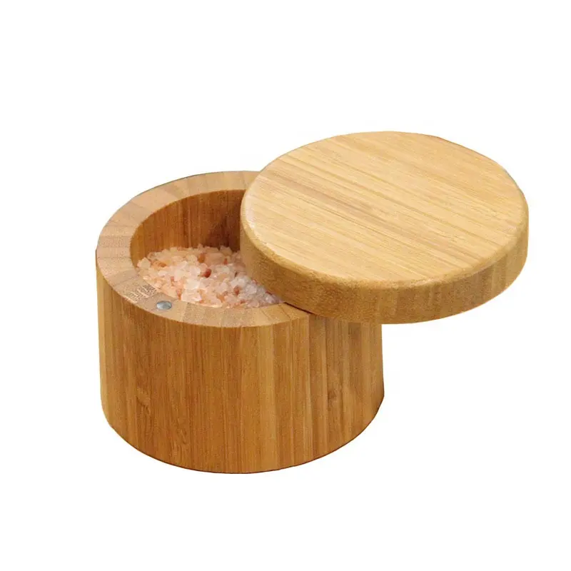 Round Spice Pepper Seasonings Herbs Storage Container Cellar Bamboo Salt Box With Magnetic Swivel Lid