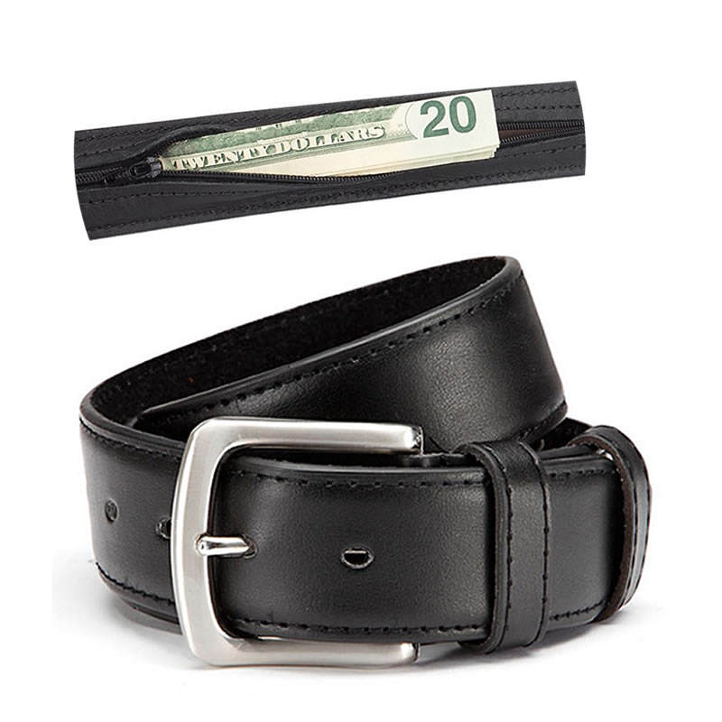 Custom Men's Zipper Leather Travel Money Belt With Hidden Pocket
