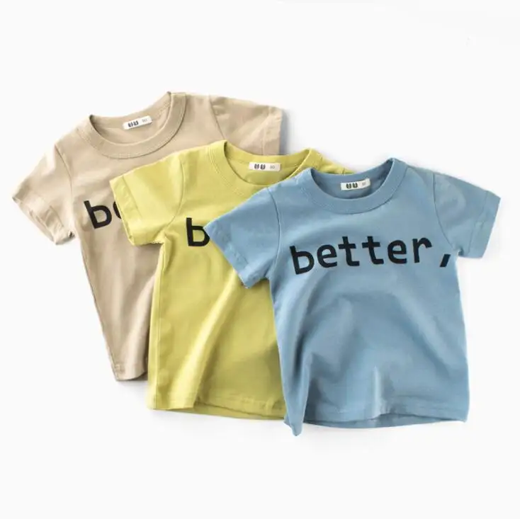 Camiseta de algodão para crianças com impressão de tela, camiseta azul de algodão para crianças com padrão de letras