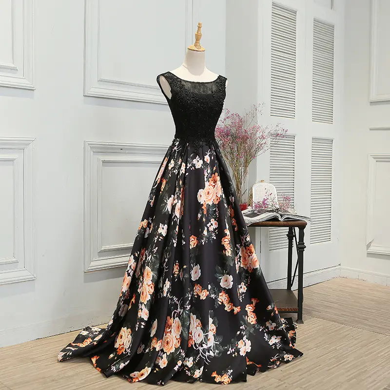 Vestido de primavera negro elegante para mujer, estampado de flores, Formal, para graduación, con cuello redondo, Floral, largo, para fiesta de noche, 2018