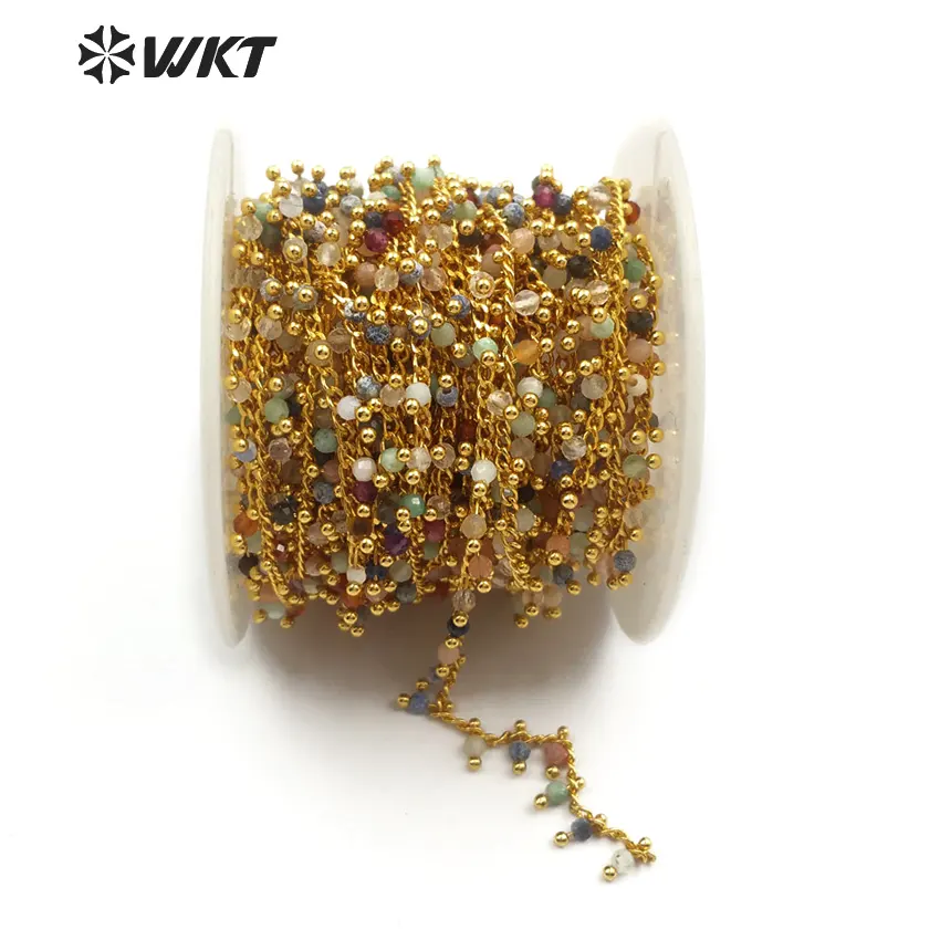 WT-RBC094 Wholesale 20 Meters Jewelry Making Necklace Natural Multicolor Stone Mixed with Rosary Brass Beads Chain