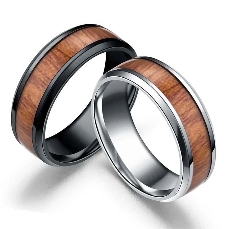 2019 Wholesale New Design 8mm Wooden Inset Stainless Steel Ring For Men