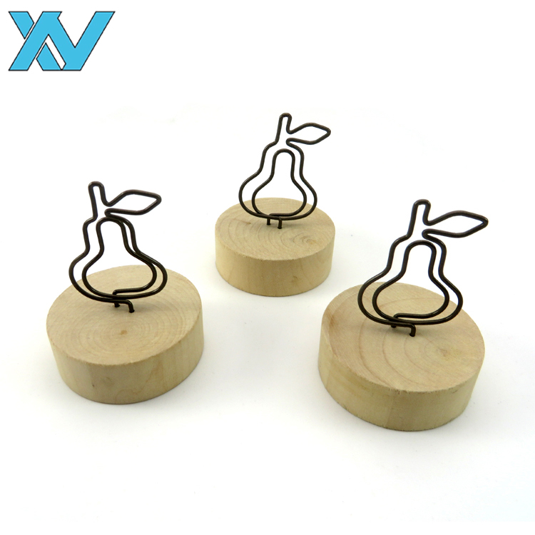 Funy round wood base pear shape metal clip desktop holder memo clip