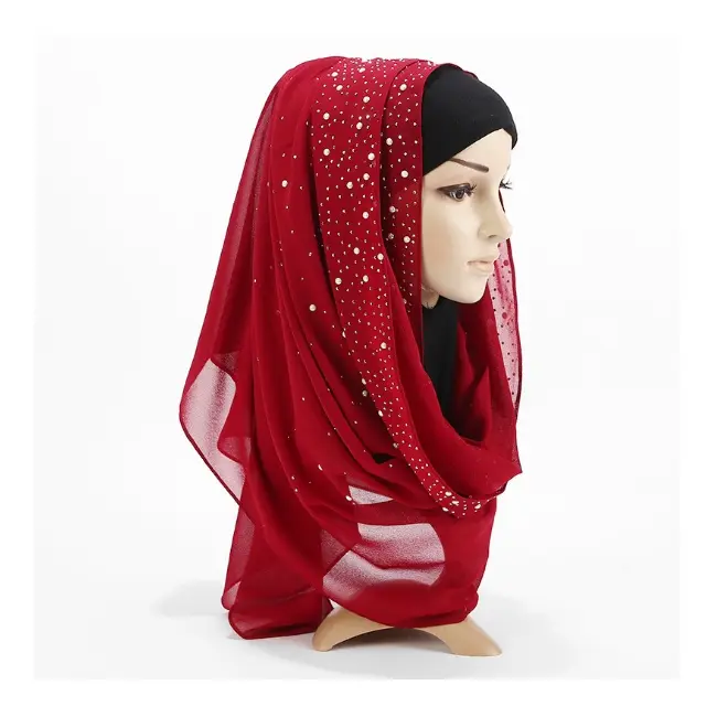 عرض خاص حجاب عربي شيفون لؤلؤ مطرز بالخرز حجاب وشاح كامل اللون سعر المصنع الرخيص