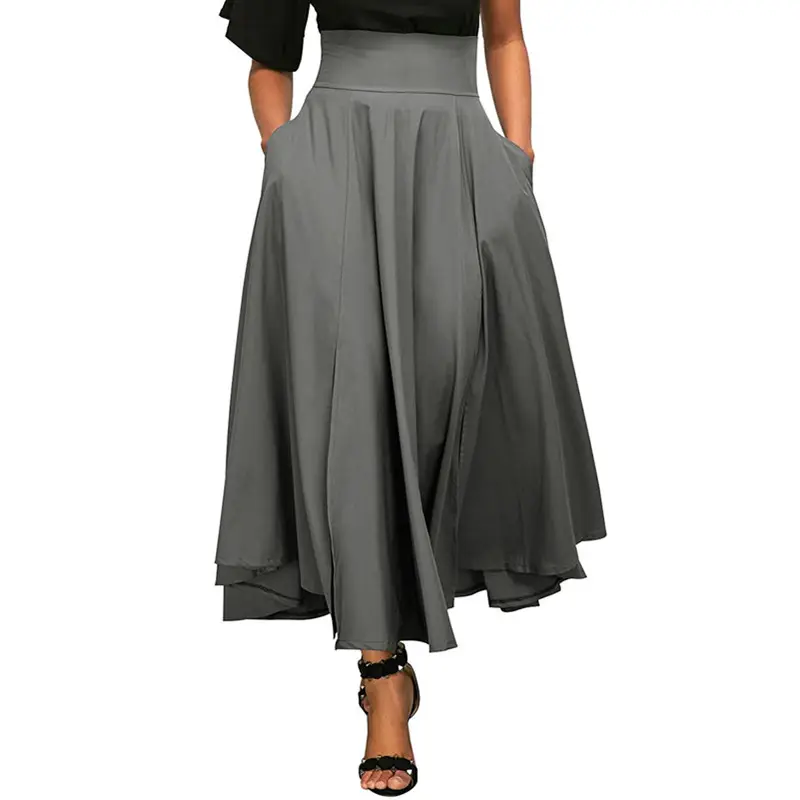 High Waist Pocket Skirts Womens Spring Split Side Fashion Long Pleated Skirt With Belt Casual Ladies Saia Longa Gray E8601