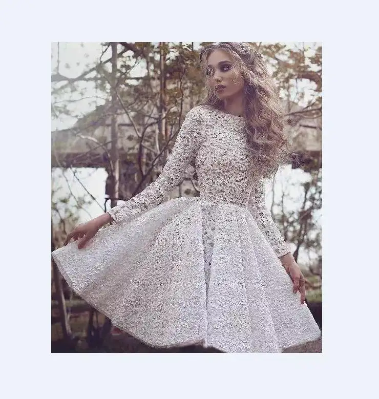 Vestido de casamento comprimento até o joelho, vestido de casamento manga longa