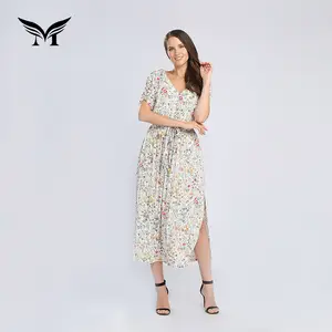 Buena venta flor impresa elegante cuello en v de manga corta de verano las mujeres vestido maxi largo con split en el lado