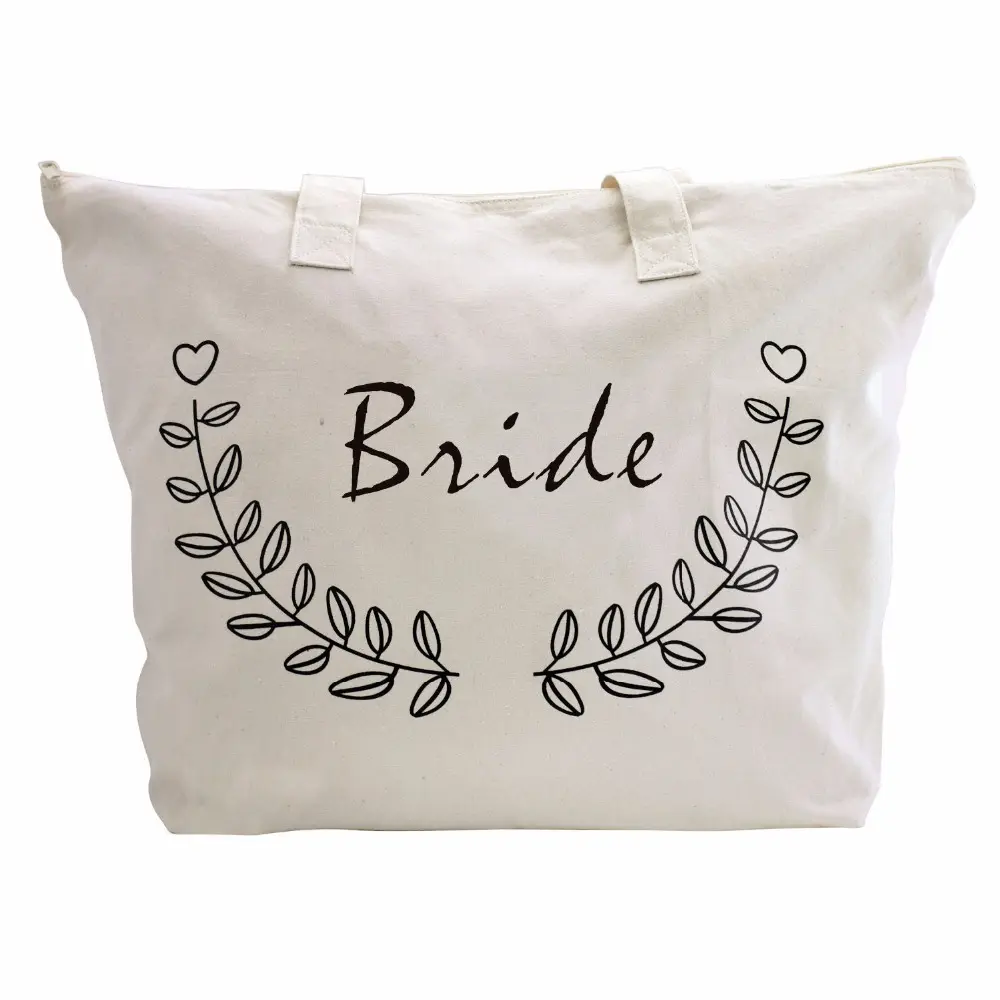 Bolsa de lona para casamento de noiva, sacola de viagem com zíper de bolso 100% algodão